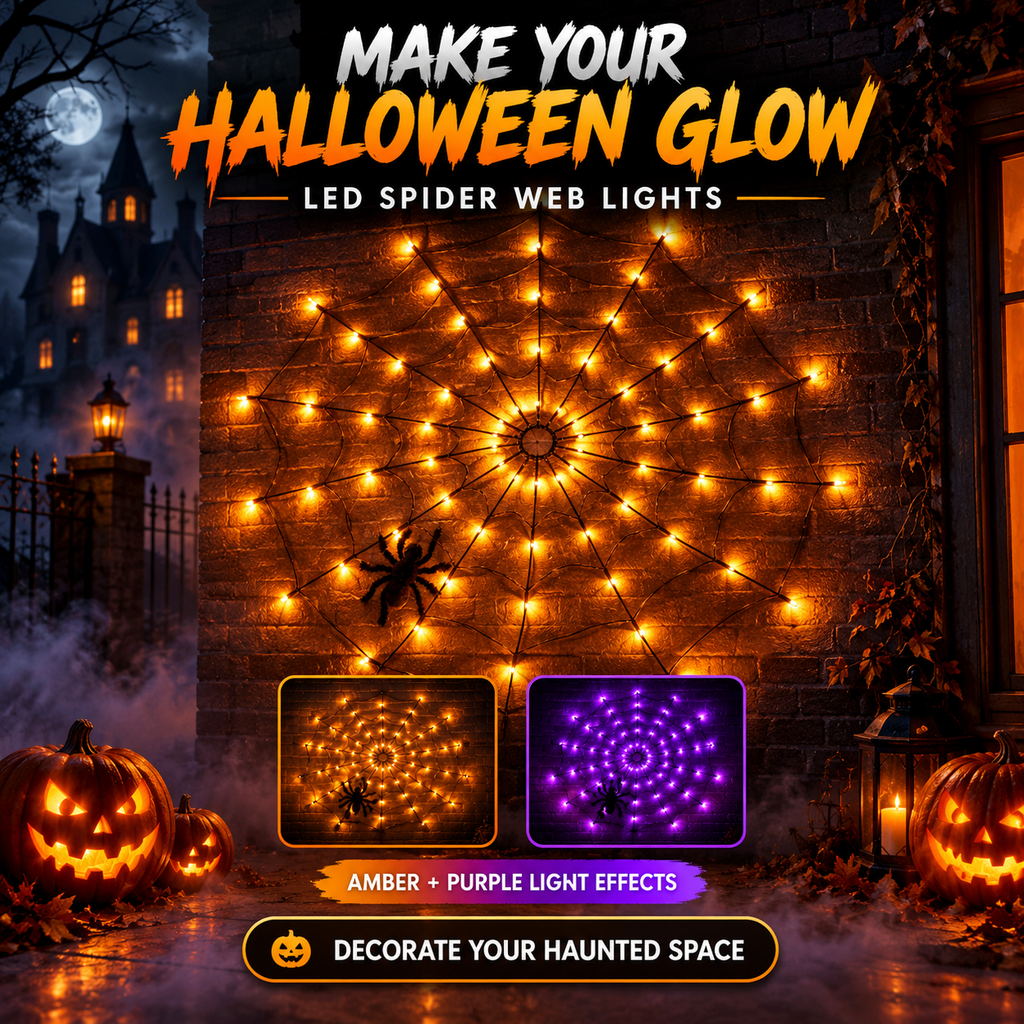 Toile d'araignée lumineuse LED orange sur une fenêtre pour Halloween