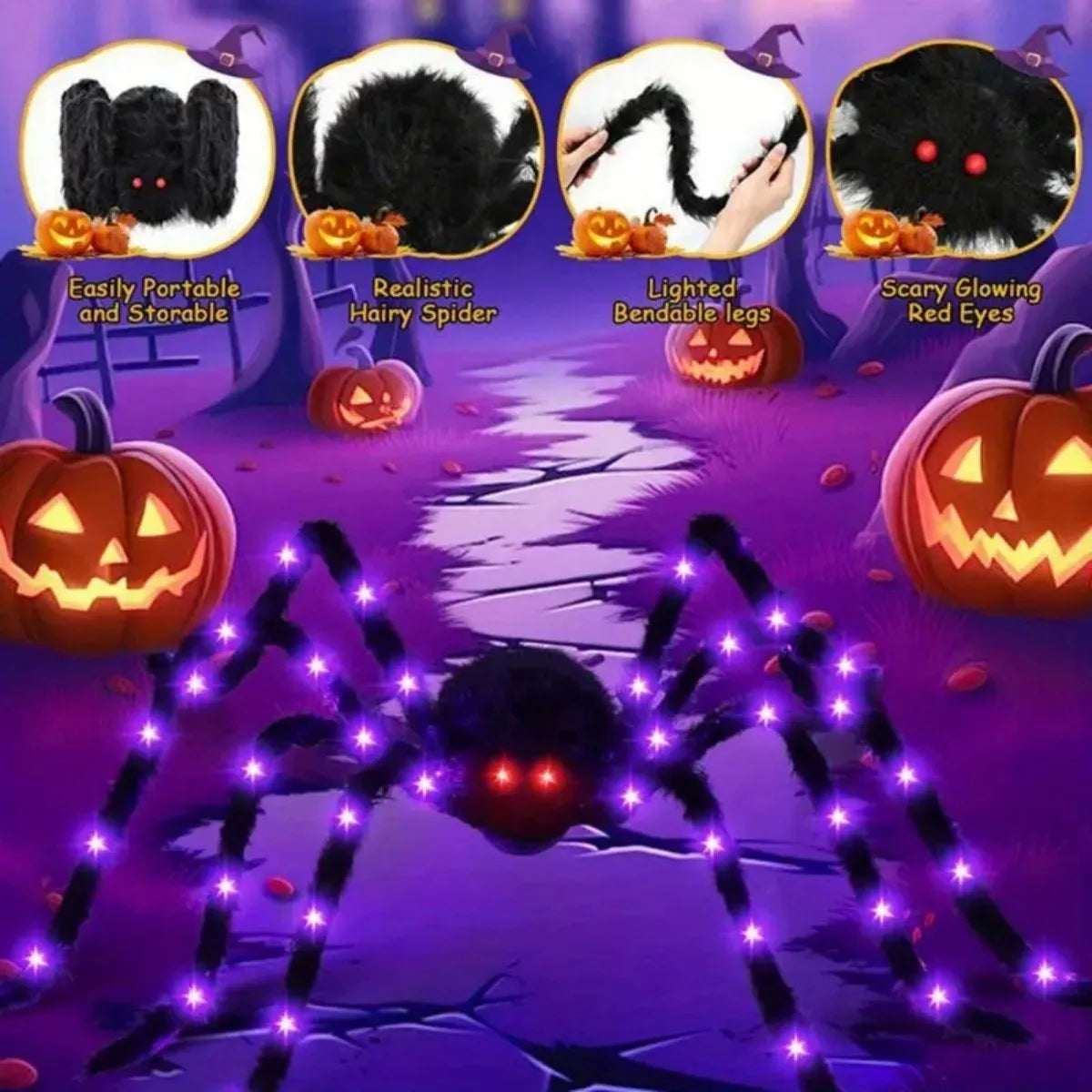 Araignée géante d'Halloween avec LED violettes la nuit