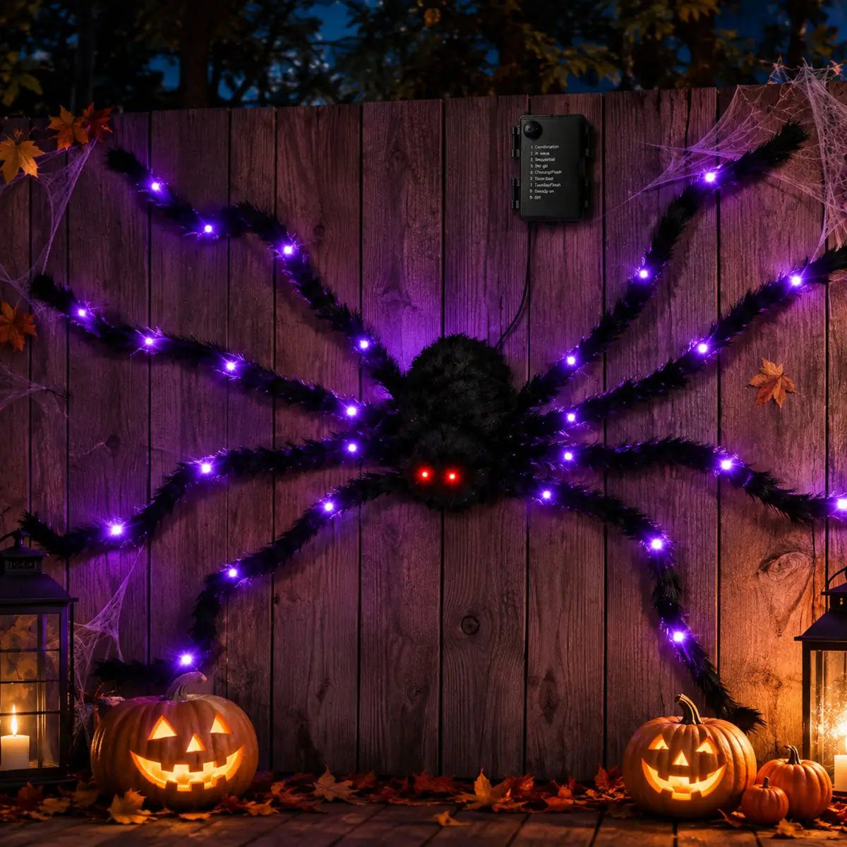 Araignée géante lumineuse sur un porche