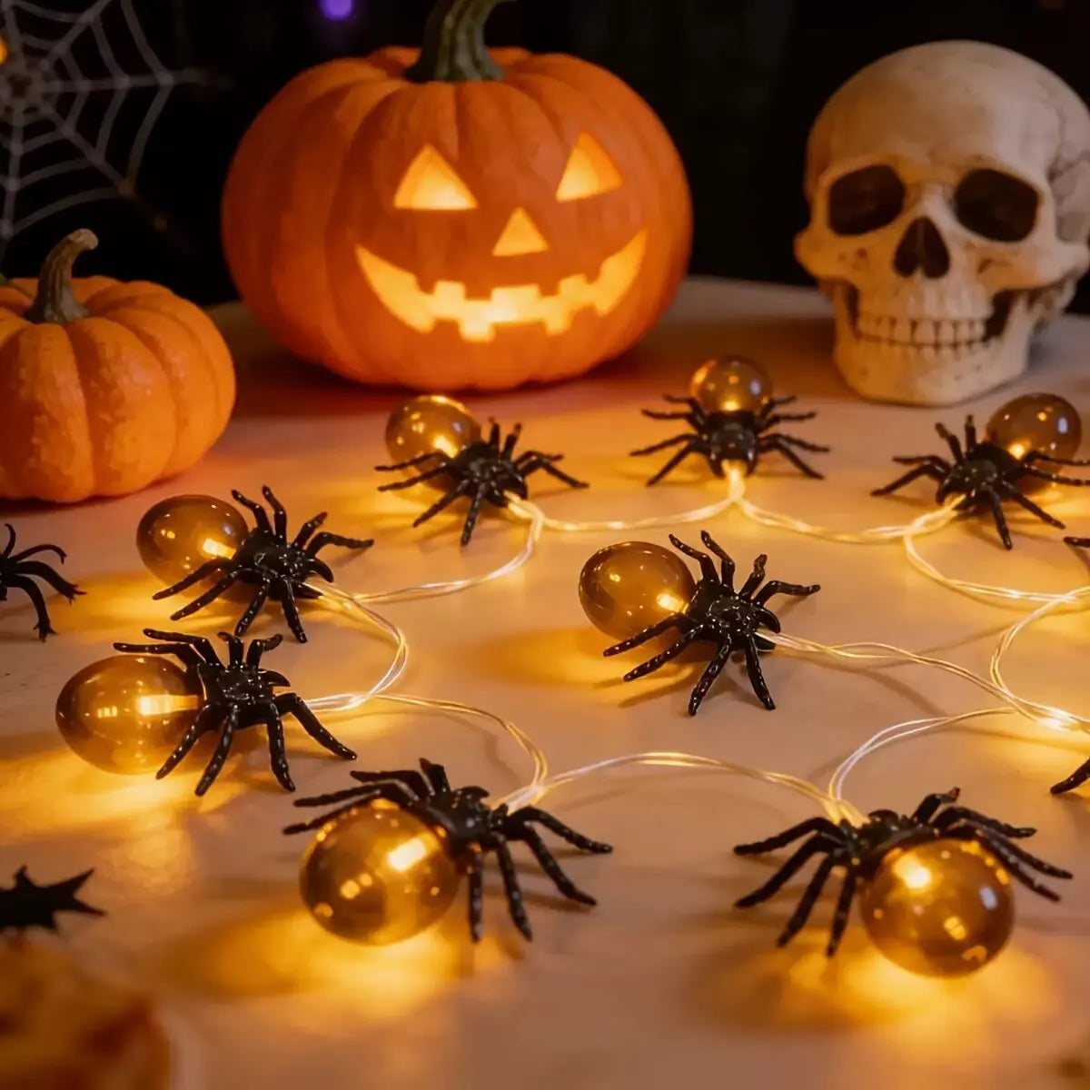 Guirlande araignées décorant une fenêtre pour Halloween