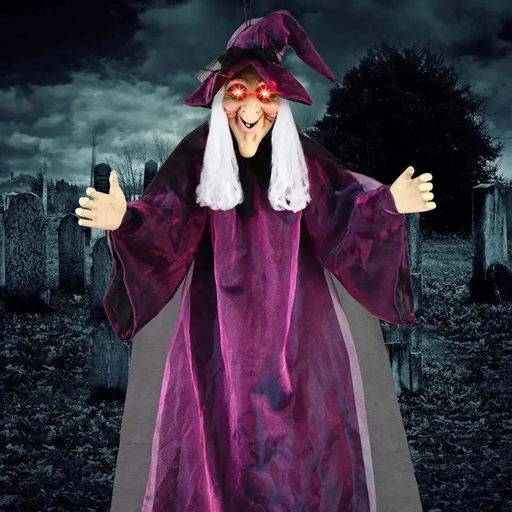 Sorcière parlante violette taille réelle pour Halloween